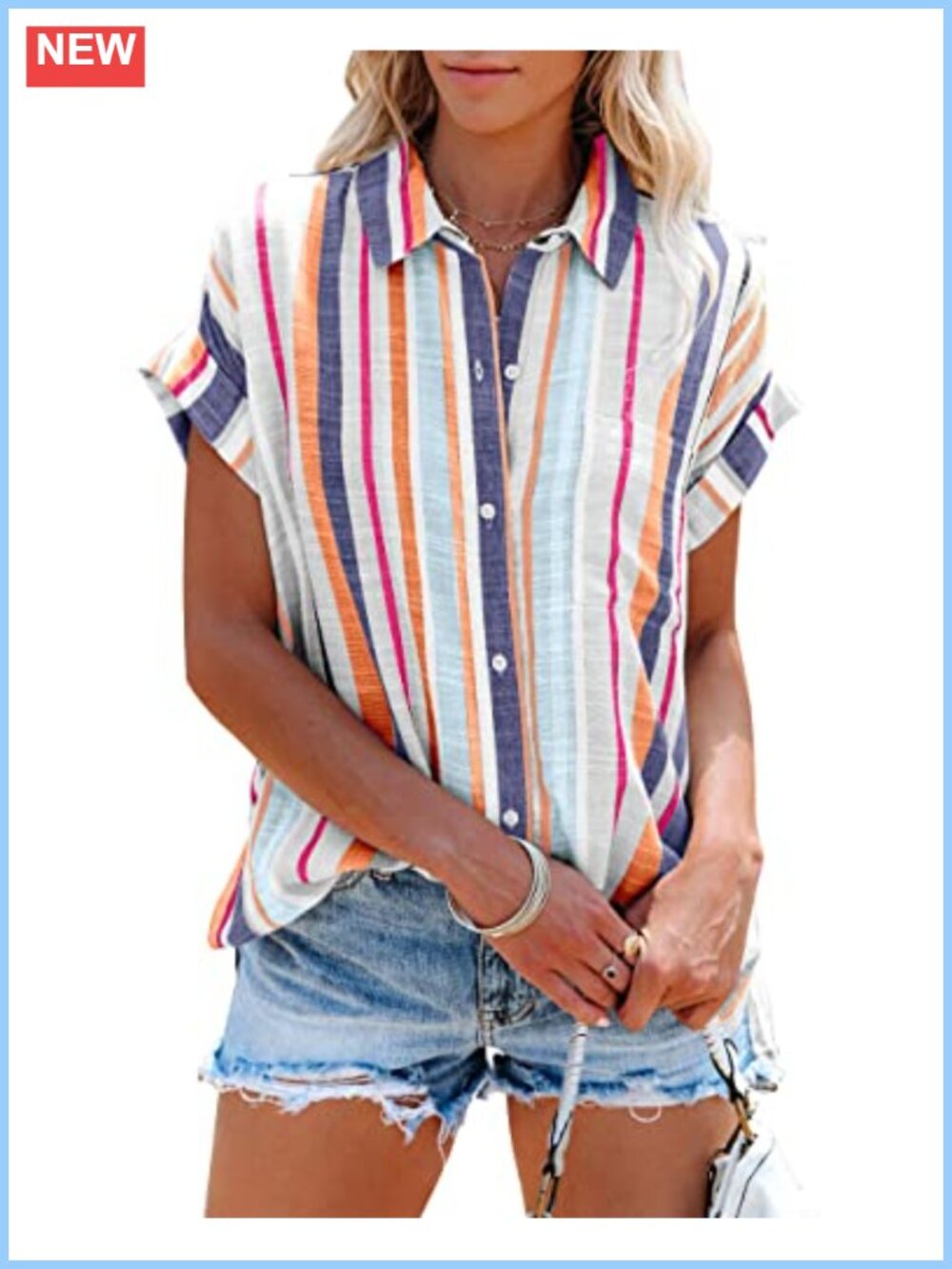 Women's Striped Button Down Blouse Short Sleeve V-Neck Loose Fit Business Work - Picture 1 of 6